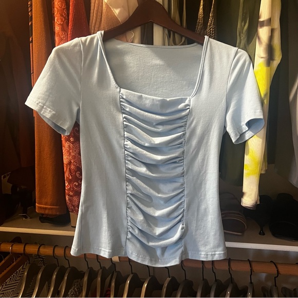 Shein Sky Blue Ruched Square-Neck Blouse XS - Picture 4 of 4